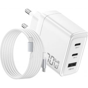 Chargeur USB C 70W pour Macbook, Charge Ultra-Rapide 3 Ports PD3.0 & QC3.0, GaN II Compacte avec C&acirc;ble Tress&eacute; 2M, Compatible pour MacBook Pro/Air, pour iPhone 17/16, pour iPad, Galaxy, Pixel - Neuf