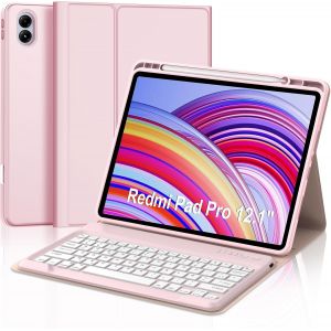 Coque Clavier pour Redmi Pad Pro 12.1"" 2024, AZERTY Fran&ccedil;ais Clavier Bluetooth Magn&eacute;tique D&eacute;tachable avec Fente pour Stylo pour Tablette Xiaomi Redmi Pad Pro 12.1 Pouces 2024, Rose - Neuf