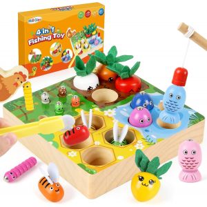 KAL-Jouet Montessori Enfant, 4-En-1 Jeu De P&ecirc;che |En Bois Pour Cadeau Fille Garcon B&eacute;b&eacute;s 2 3 4 Ans, Magnetique Jouet Bois Enfant 2 3 4 Cadeaux Jouets &Agrave; Empiler Et De Tri (4-1) - Neuf