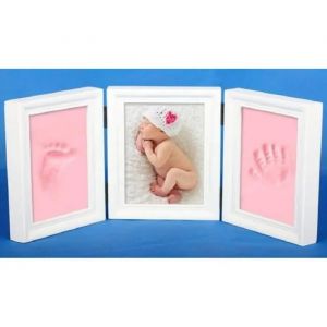 BLANC + ROSE cadre de photo en bois + pâte à modeler tampon main pied de bébé Footprint DIY empreinte de main empreinte de pas - Neuf