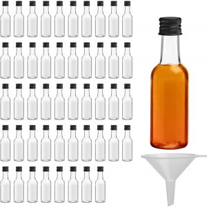 Mevronisshop-48 Mini Bouteille - Bouteilles Miniatures R&eacute;utilisables 50ml Vides En Plastique Avec Bouchons Noirs Et Entonnoir Pour Liquides - Mignonnettes Alcool Excellentes Pour Mariages Et F&ecirc;tes - Neuf