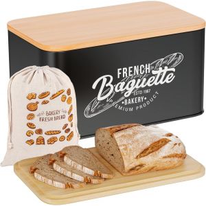 Boite À Pain Vintage « French Baguette »-30 X 18 X 13,7 Cm-Métal & Bambou-Avec Sac À Pain-Pour Baguettes,Pain De Mie,Biscottes-Rangement,Conservation-Noir-Bp301 - Neuf