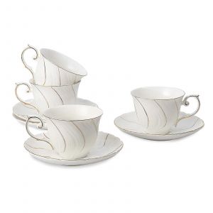 C&eacute;ramique 6 Oz Tasses &Agrave; Th&eacute; Et Soucoupes Caf&eacute; - Set De 4, 6 Oz Capacit&eacute; Tasses Et Soucoupes, Tasses Avec Soucoupes - Neuf