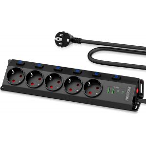 Multiprise 5 Prises avec 2 USB-A et 2 USB-C, Multiprise avec Interrupteur 4000W 16A, Rallonge &Eacute;lectrique 3M pour Cuisine et Bureau, Noir (Noir, 3M) - Neuf