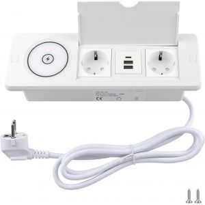 2 Prises Encastrable Blanc Avec Chargeur Sans Fil Multiprise De Table Escamotable Avec 1 Usb C Et 2 Ports Usb A Surface De Charge Qi Couvercle Rabattable & C&acirc;ble 1,8 M[DYB981156] - Neuf