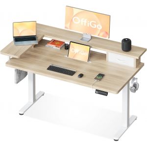 SUBZONAL-Bureau Assis Debout, 120 x 60 cm Bureau Debout Electrique avec Support d'&eacute;cran en L, Standing Desk avec Tiroir, Table avec Prise USB, Ergonomique Table Ordinateur, Beige - Neuf