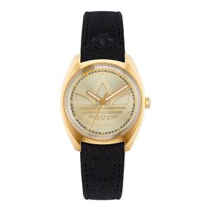 Montre Femme Adidas Aofh22513 Dor&eacute;e Cadran Dor&eacute; Bracelet Cuir Noir - Neuf