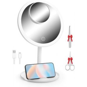 Kal-Miroir Grossissant Lumineux 10x Et 1x, Miroir Sur Pied Rond Led Avec Câble De Données, Miroir Maquillage Voyage Chargé Avec Éclairage 3 Couleurs,Blanc - Neuf