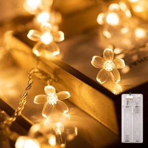 KAL-Guirlande Lumineuse Led En Fleurs De Cerisier - 2 M - 10 Fleurs Blanc Chaud - Fonctionne Avec Piles - Neuf
