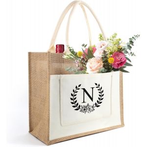ERSHI-Sac Toile Jute Initiale Personnalisé, Sac en Toile de Jute avec Lettre et Fleurs, Sac Cabas de Course Femme, Cadeau pour Fem[3 - Neuf