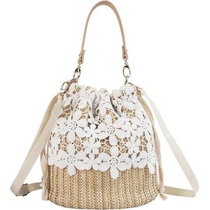 (Fleurs) Sac en paille Sac à bandoulière Sac en osier Femmes Filles Cordon Dentelle Sac à main tissé Sac de plage d'été Rotin Boho Vacances Seau - Neuf