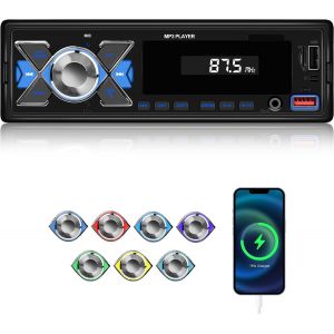 Autoradio Bluetooth avec EQ, Radio 1 Din avec Radio FM, Assistant Vocal, Localisation APP, Entr&eacute;e Disque USB/AUX/TF, M&eacute;moire d'extinction, R&eacute;tro&eacute;clairage Color&eacute; + T&eacute;l&eacute;commande - Neuf