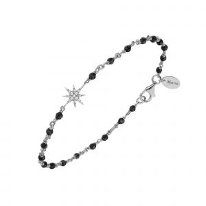 Bracelet Argent Rhodi&eacute; &Eacute;toile Zirconium Blanc Et Pierres Spinelle Noires - Neuf