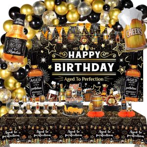 ChicSlick-Décorations De Fête D'Anniversaire Au ¿ Vieilli À La Perfection Toile De Fond Happy Birthday Noir Champagne Ballons Dorés Guirlande Décorations De Gâteau Au Vin Centre De Table Nap[X1174] - Neuf