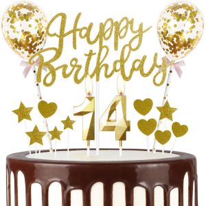 ERYI-Bougie Dorée Pour 14E Anniversaire - Ballons Dorés - Numéro 14 - Bougies Dorées Pour Gâteau - Pour Filles, Garçons, Femmes Et Hommes - Décorations De Fête D'Anniversaire - Neuf