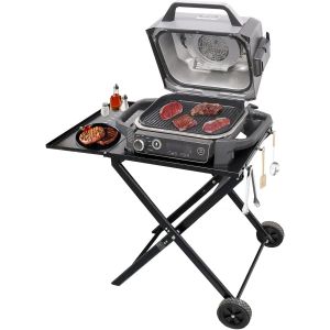 ASFASFq-Chariots pour Barbecue pour Ninja Woodfire OG701, Pliable Chariot Plancha Extérieur, Support de Barbecue avec Roues avec Table d'appoint en Métal (Noir) - Neuf