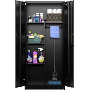 SUBZONAL-Armoire &agrave; balais, avec ventilation et fermeture magn&eacute;tique, multifonction, armoire en acier solide pour aspirateur, produits de nettoyage, linge et accessoires m&eacute;nagers, 70 x 30 x 165 cm, no - Neuf