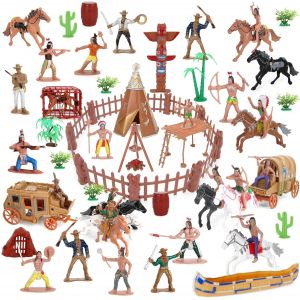 Sansh-Wild West Cowboys Et Indiens Ensemble De Jeu En Plastique, 77 Jouets Éducatifs Seau D'indiens D'amérique Figurines D'action Et Accessoires Pour Enfants Garçons Filles À Partir De 3 Ans - Neuf