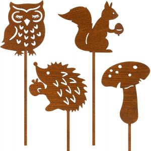 Mevronisshop-4 Pi&egrave;ces Rouill&eacute; Deco Jardin Exterieur M&eacute;tal, Pique De Jardin Avec H&eacute;risson Hibou Champignon &Eacute;cureuil, D&eacute;coration Rouille Automne Exterieur Pour Pelouse Terrasse Balcon - Neuf