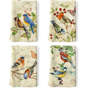 Eryi-Torchons De Cuisine Coton Vaisselle Lot De 4, Serviettes De Cuisine Torchon Vaisselle 100% Coton Avec Accroche Très Absorbant Serviettes De Bar 48 X 70cm Oiseaux Rétro - Neuf