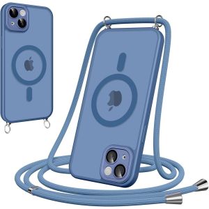 Maa-Coque Magnétique Pour Iphone 14 Avec Cordon, [Compatible Avec Magsafe] Etui Translucide Mat Arrière Anti-Jaunissement Antichoc Réglable Téléphone Portable Lanyard Case Protection, Bleu - Neuf