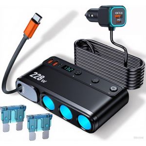 Répartiteur Allume-Cigare Rétractable Usb 9 En 1 - 3 Prises 12 V 24 V - 228 W Pd45w/Pps/Qc - Voltmètre Led - 3 Interrupteurs - Chargeur De Voiture Compatible Avec Iphone, Samsung, Dashcam, Chauffage - Neuf