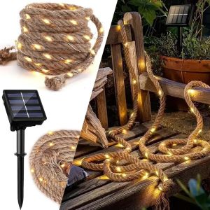 Jgd-Guirlande Lumineuse Solaire, 3 M, Avec 50 Led, Corde De Chanvre, &Eacute;tanche, Pour Ext&eacute;rieur, Jardin, Balcon, Terrasse, F&ecirc;te De No&euml;l - Neuf