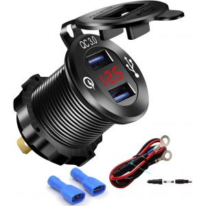 AYU-Chargeur USB 12V Aluminium Quick Charge 3.0 Dual USB Phone Charger Socket Waterproof USB Power Outlet with Voltmeter 10A Fuse for 12V/24V Car Boat Marine RV ATV UTV Automotives Electrical Product - Neuf