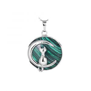 Collier Pour Femme, Pendentif En Porcelaine Bleue Et Blanche Avec Pierre Naturelle, Pendentif Chat - Neuf