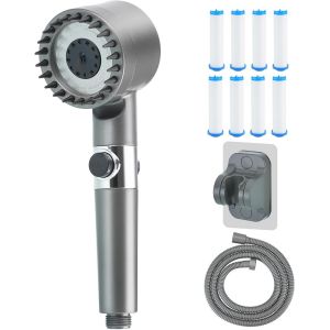 JGD-Pommeau de Douche Haute Pression avec Tuyau 1,5m et Support de Douche, 8pcs Filtre Douche Rempla&ccedil;able, 3/4 Mode Pommeau de Douche Massage avec Bouton D'arr&ecirc;t D'eau(Gris) - Neuf