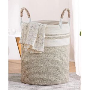 MEVRONISSHOP-Panier &agrave; Linge Sale Tiss&eacute; en Coton, 50L Panier en Corde de Coton Bicolore avec Poign&eacute;es - Grand Panier de Rangement, pour Chambre, Salle de Bain, Jouets et Stockage, Durable, 37x47cm - Neuf