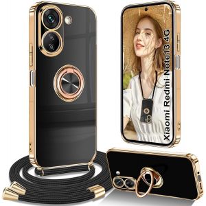 Kal-Coque Pour Redmi 13c 4g Avec Cordon, Coque Pour Xiaomi Redmi 13c 4g/Poco C65 Avec Collier Housse 360° Voiture De Bague Magnétique Étui Pour Xiaomi Redmi 13c 4g/Poco C65 Avec Cordon, Noir - Neuf