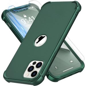 Brs-Coque Pour Iphone 12 Pro Max + 2 Pièces Verre Trempé Protection Écran, 2 En 1 Antichoc Souple Silicone Tpu Arrière Rigide Pc Avant Housse De Protection Pour Iphone 12 Pro Max 6,7"" Vert - Neuf