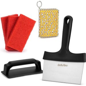 LETNERNY-Kit De Nettoyage Pour Poêles En Fonte, Contient Grattoir En Acier Inoxydable Pour Plancha, Epurateur De Cotte De Mailles, 3 Éponge De Nettoyage Et Poignée Fixe - Neuf