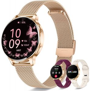 Montre Connect&eacute;e Femme Avec 3 Bracelets, 1,27"" &Eacute;cran Amoled Always-On, Appel Bluetooth, 120+ Modes Sport, Spo2/Cardio/Sommeil, Smartwatch Ronde Pour Android Ios, Cadeau, Or Rose - Neuf