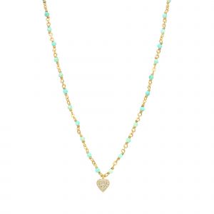Collier Argent Doré C?ur Serti Blanc Pierres Amazonite - Neuf