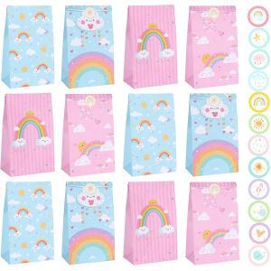 Lot De 12 Sacs Cadeaux, Pour Anniversaire D'enfant, 21x12x7cm, En Papier Arc-En-Ciel, Avec 12 Autocollants Mignons, Cadeaux D'invités, Pour Fêtes D'anniversaire D'enfants, Bébés, Anniversaires De - Neuf