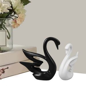 Lot De 2 Figurines De Cygne Noires Et Blanches Avec Base Stable En C&eacute;ramique - Neuf