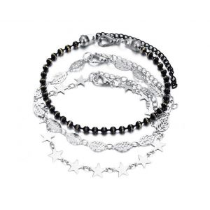 Ensemble De 3 Bracelets De Cheville Et Cha&icirc;ne De Pied En Perles De Feuilles &Eacute;toil&eacute;es - Neuf