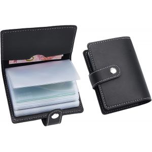 TRAHOO-Porte-cartes en cuir pour cartes de cr&eacute;dit, d&eacute;bit, carte d'identit&eacute;, portefeuille compact avec pochettes en plastique pour homme et femme, noir, Noir , 4.53 * 3.35 * 0.98 inch, Classique - Neuf