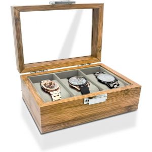 Kal-Boite A Montre 3 Slots, Boite Rangement Montre Avec Oreiller Amovible, Etui Montre D'affichage Vintage, Coffret Montre Avec Couvercle En Verre (3 Emplacements) - Neuf