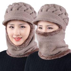 Ensemble Bonnet Et Echarpe Tricotes D'hiver Avec Cache-Oreilles Doubles En Polaire, Coupe-Vent, Epais, Cache-Cou, Bonnet Thermique Pour Femmes D'age Moyen Et Agees - Neuf
