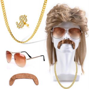 Trahoo-Perruque Mulet Homme 5 Pièces 70s 80s Costume De Perruque Rock Accessoires Avec Lunettes De Soleil Collier Disco Fausse Barbe Pour Soirée Déguisée Carnaval Cosplay Halloween - Neuf