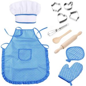 ensemble de vêtements de chef pour enfants bleus, tablier et toque de chef, etc. (11 pièces), ensemble de cuisine pour enfants - Neuf
