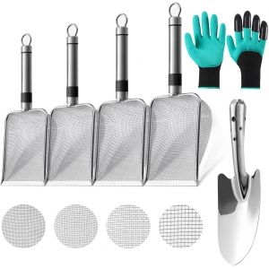 Lot de 4 tamis de jardin en acier inoxydable,pelle et gants de jardin avec griffes,tamis à terre pour gants de jardin,résistants aux épines et pelle à tamis (mailles 2/2,8/3,8/5 mm) - Neuf