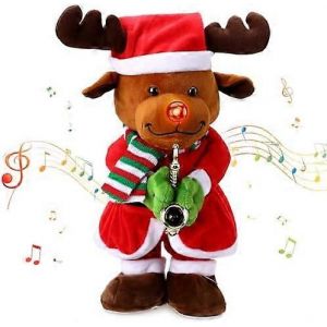 No&euml;l De La Musique &Eacute;lectrique Elk En Peluche Poup&eacute;e 8 Chansons Chant D'Enregistrement Lumineux Balancer Elk Figure De Poup&eacute;e, Aliment&eacute; Par Batterie, Souffle Du Saxophone Elk D'Accueil De Table - Neuf