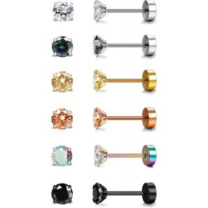 6paires 20g Acier Inoxydable Cz Boucles D'oreilles Stud Cartilage H&eacute;lix Tragus Boucles D'oreilles Pour Femmes Hommes Hypoallerg&eacute;nique Rond Zircon Vis Dos Plat Oreille Piercing - Neuf