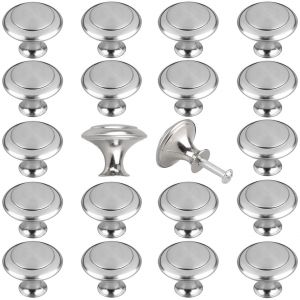 Lot de 20 boutons de meuble en nickel bross&eacute; de 30 mm avec vis pour tiroirs - Neuf