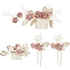 Kal-Accessoires De Cheveux Rose-Or Pour Mariage - 4 Peignes À Cheveux Avec Perles Et Strass, Bijoux De Cheveux Pour Demoiselles D'honneur - Neuf