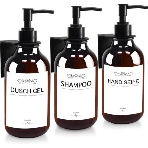 KAL-Lot De 3 Distributeur De Savon Mural - 500 Ml Distributeur Savon Liquide - Distributeur Savon Cuisine,Flacons Vides À Pompe À Pression Rechargeable Avec Étiquettes - Marron - Neuf